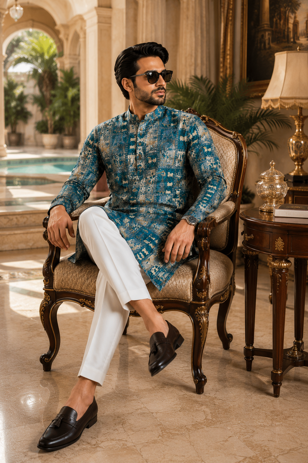 ShreeVastram Emerald Mythological Motif Brocade Kurta Set